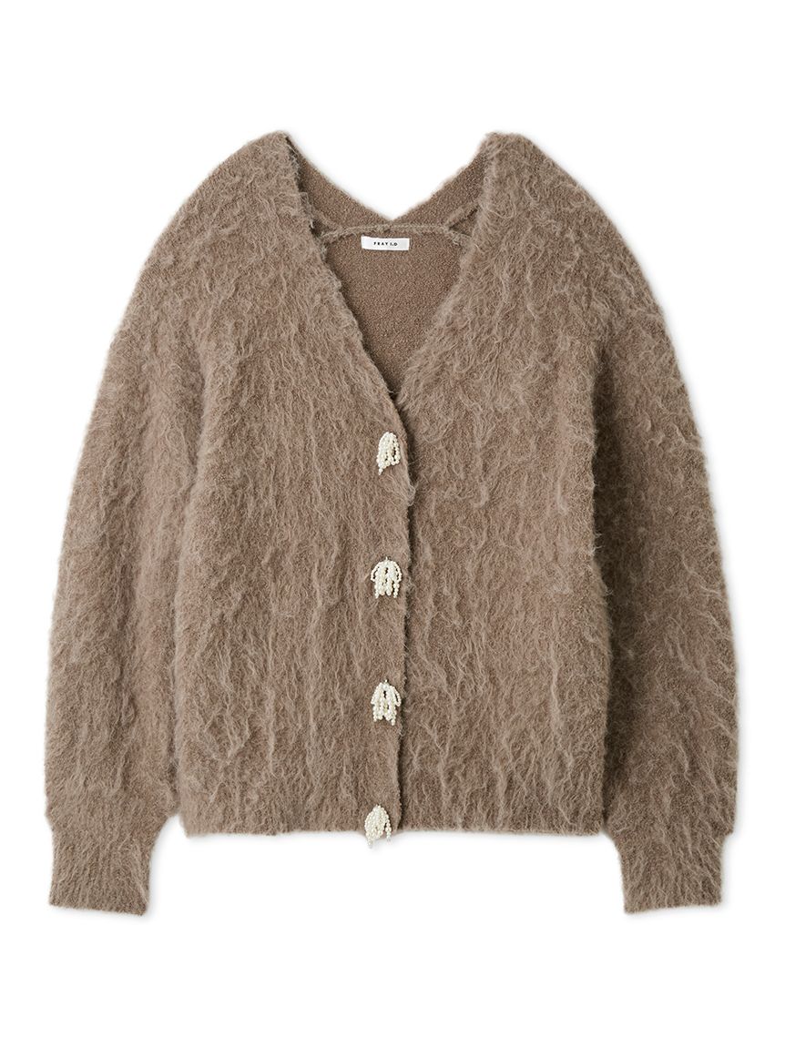 パールリボンシャギーミドルVネックカーディガン(カーディガン