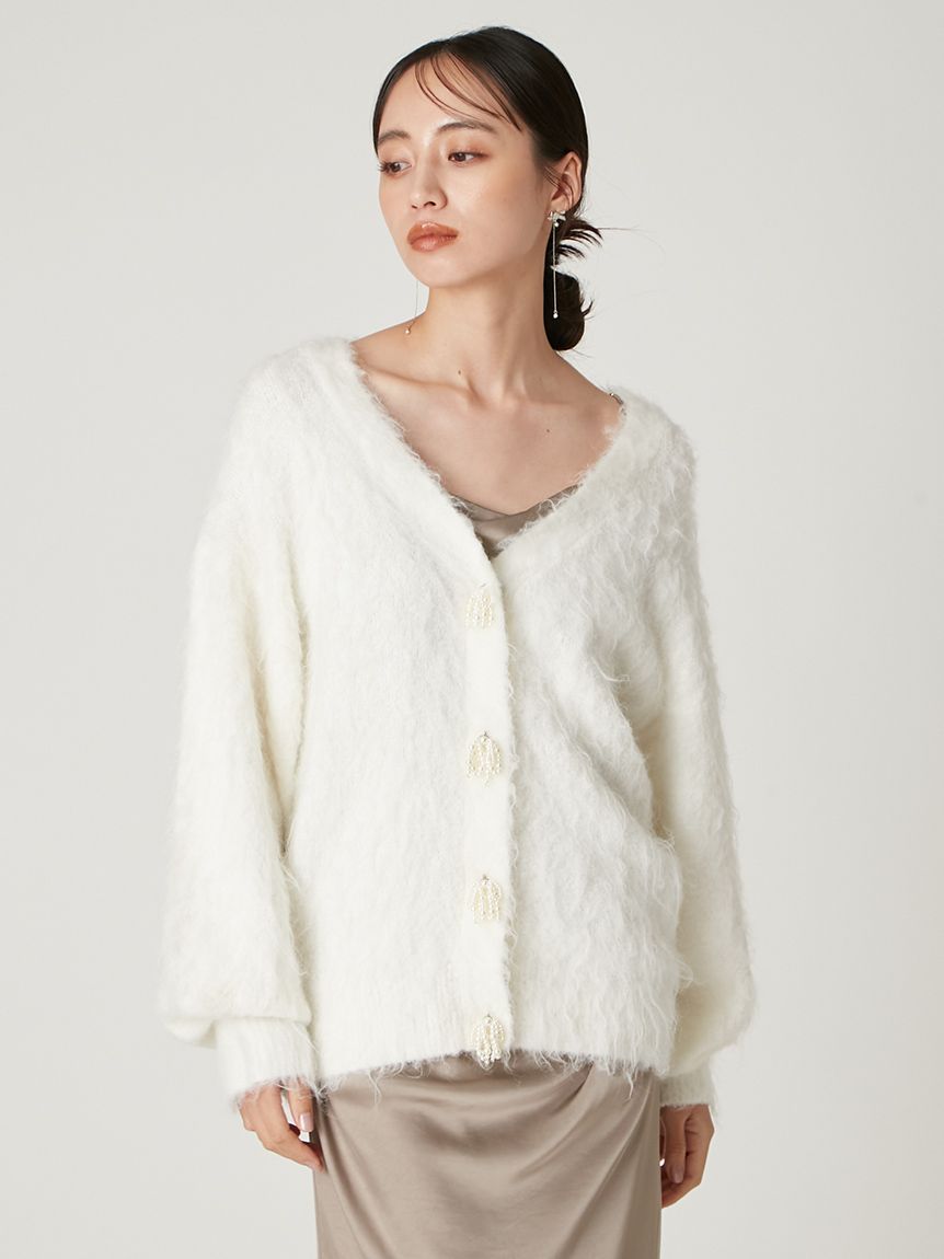 パールリボンシャギーミドルVネックカーディガン(カーディガン