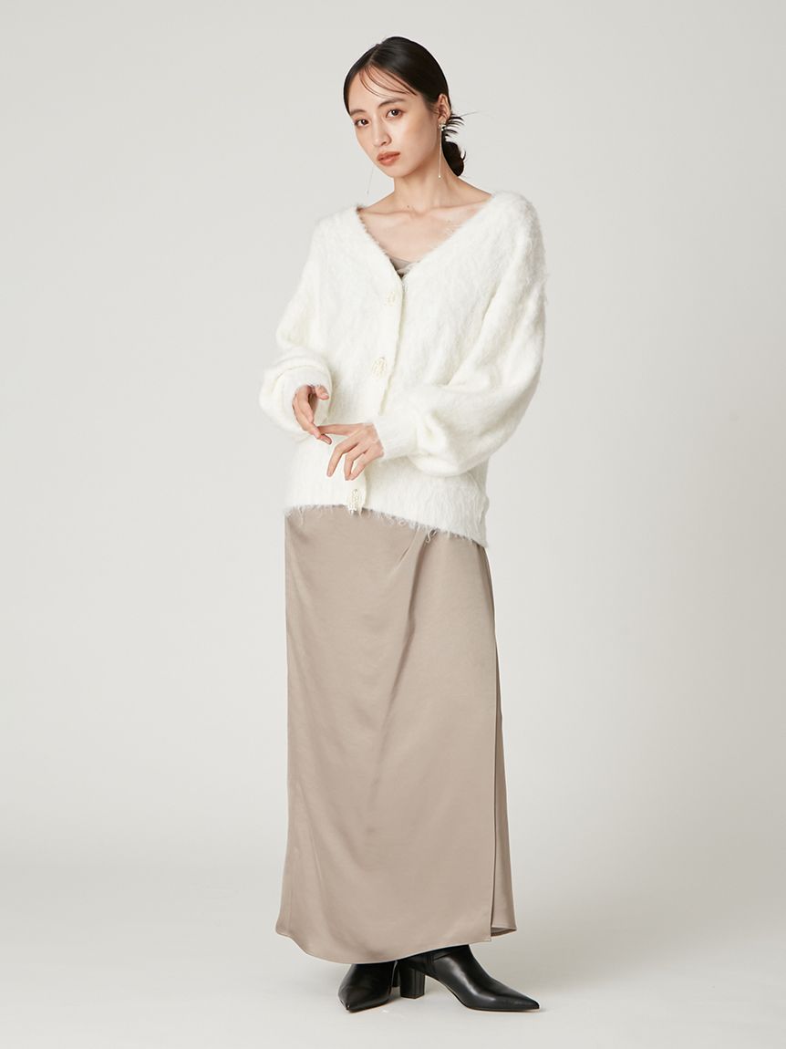 パールリボンシャギーミドルVネックカーディガン(カーディガン