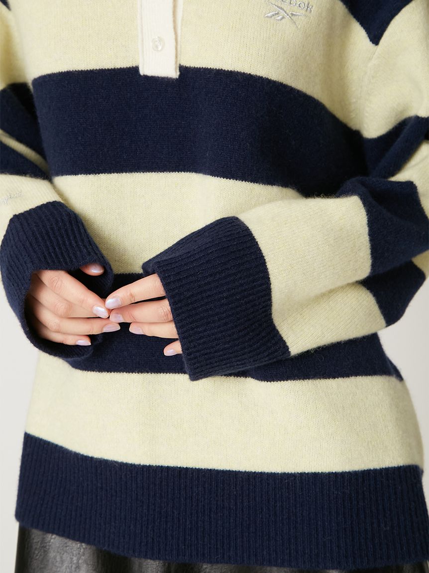 新品 Reebok ラガーポロニット ピンク/グレー Reebok× FRAY I.D】ラガーカラーポロニットプルオーバー(ニット