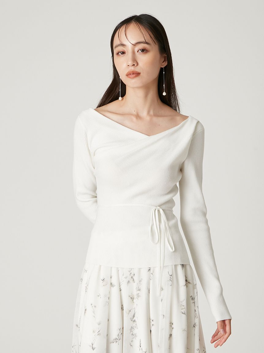 シルクブレンドアシメデコルテドレープリブニット(ニット)｜トップス