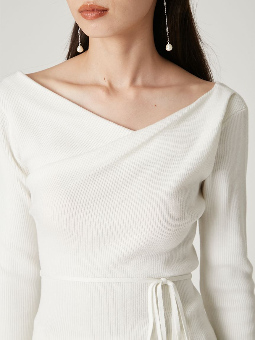 シルクブレンドアシメデコルテドレープリブニット(ニット)｜トップス