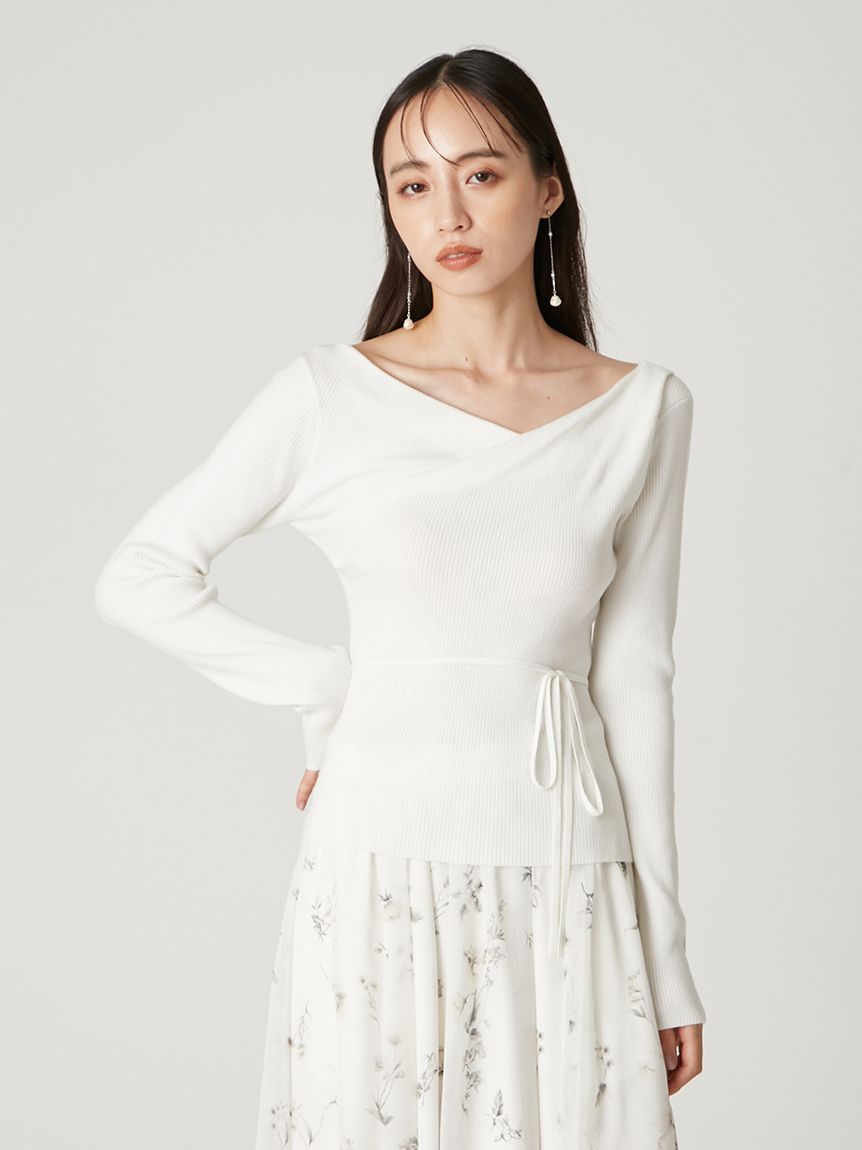 【新品タグ付き】アシメネックドレープニット ホワイト フレイアイディー シルクブレンドアシメデコルテドレープリブニット(ニット)｜トップス