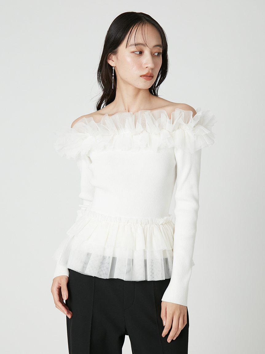 FRAY I.D オフショルぺプラムチュニック White 白 ペプラムチュールオフショルリブニット(ニット・セーター)｜TOPS｜FRAY