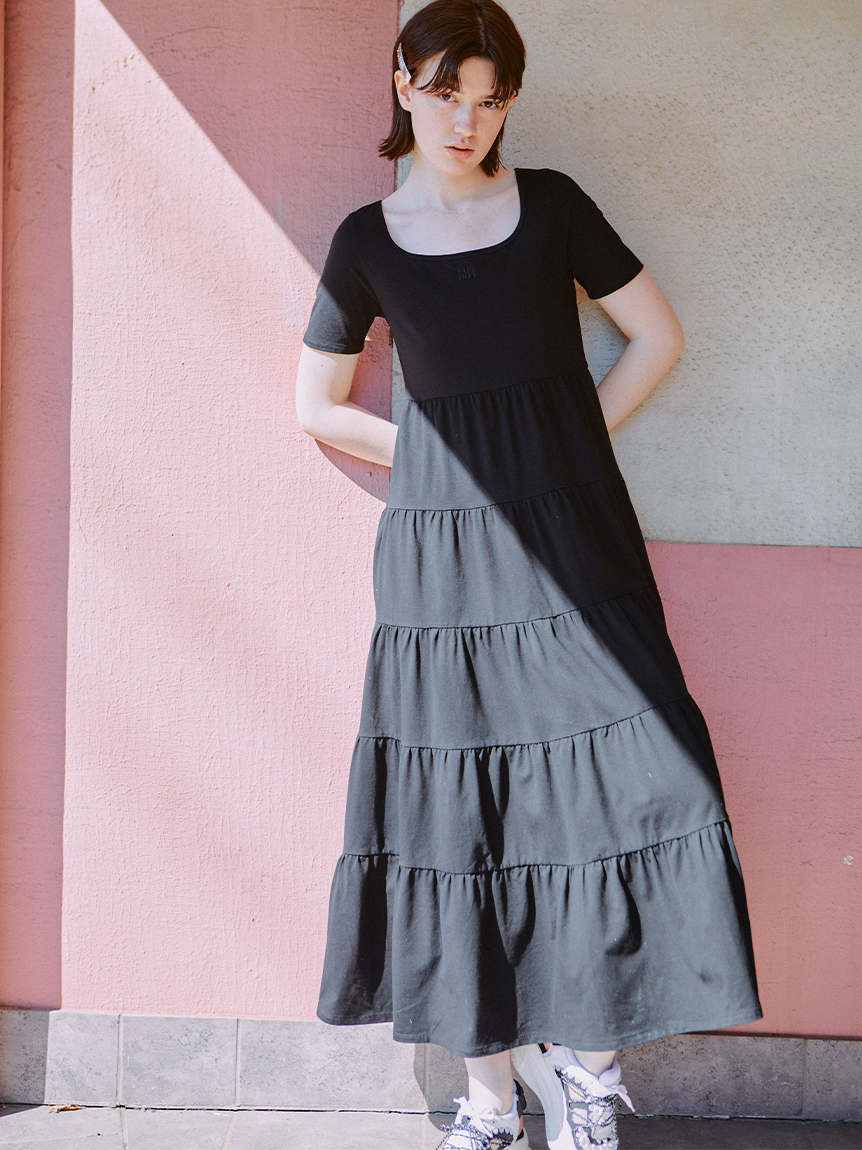 限定サイズ】ロゴ刺繍ティアードカットワンピース(ロング