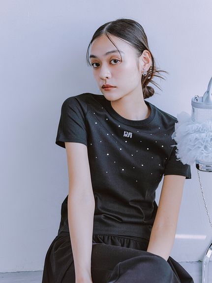 WEB限定】ビジュー付きロゴ刺繍Tシャツ(Tシャツ／カットソー