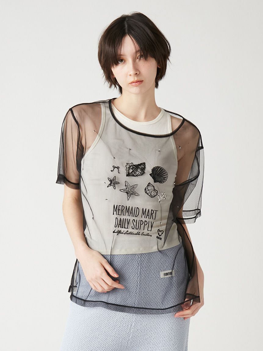 白黒2点セット チュール マリン刺繍チュールセットTシャツ(Tシャツ／カットソー)｜トップス