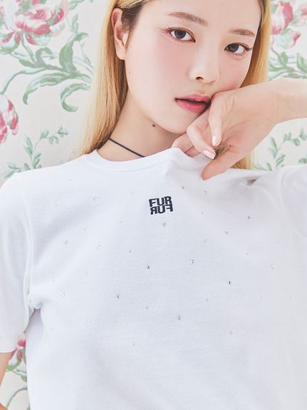 ラインストーンロゴ刺繍Tシャツ(Tシャツ／カットソー)｜トップス