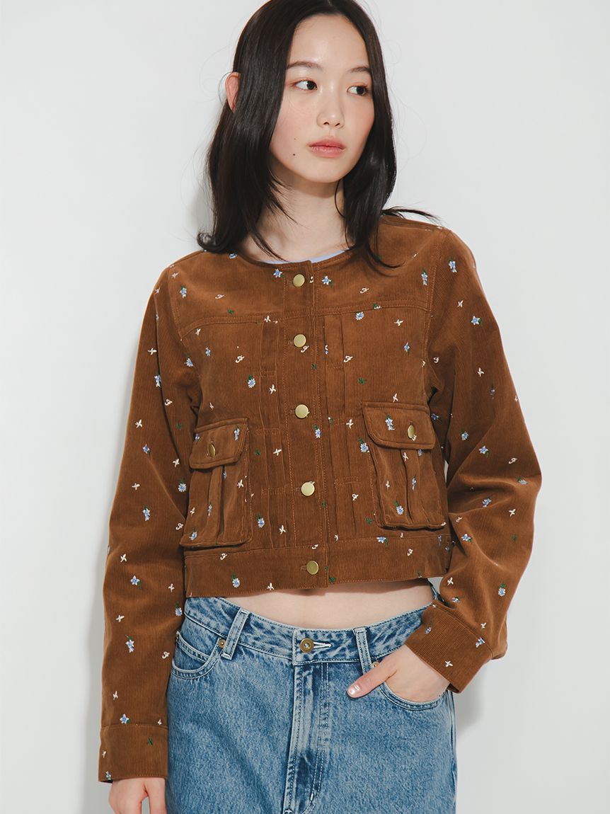 フラワー刺繍ノーカラージャケット(ノーカラージャケット)｜アウター