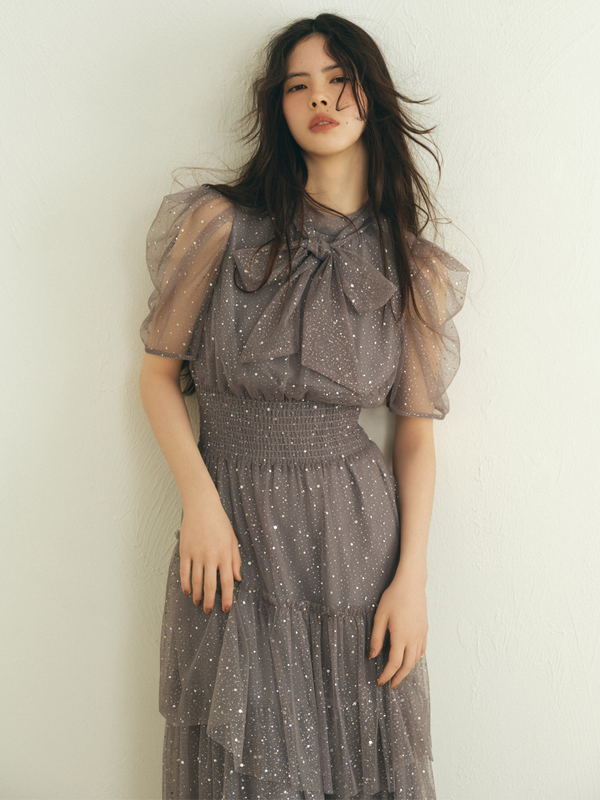 限定サイズ】ハーフスリーブラメチュールドレス(ロング