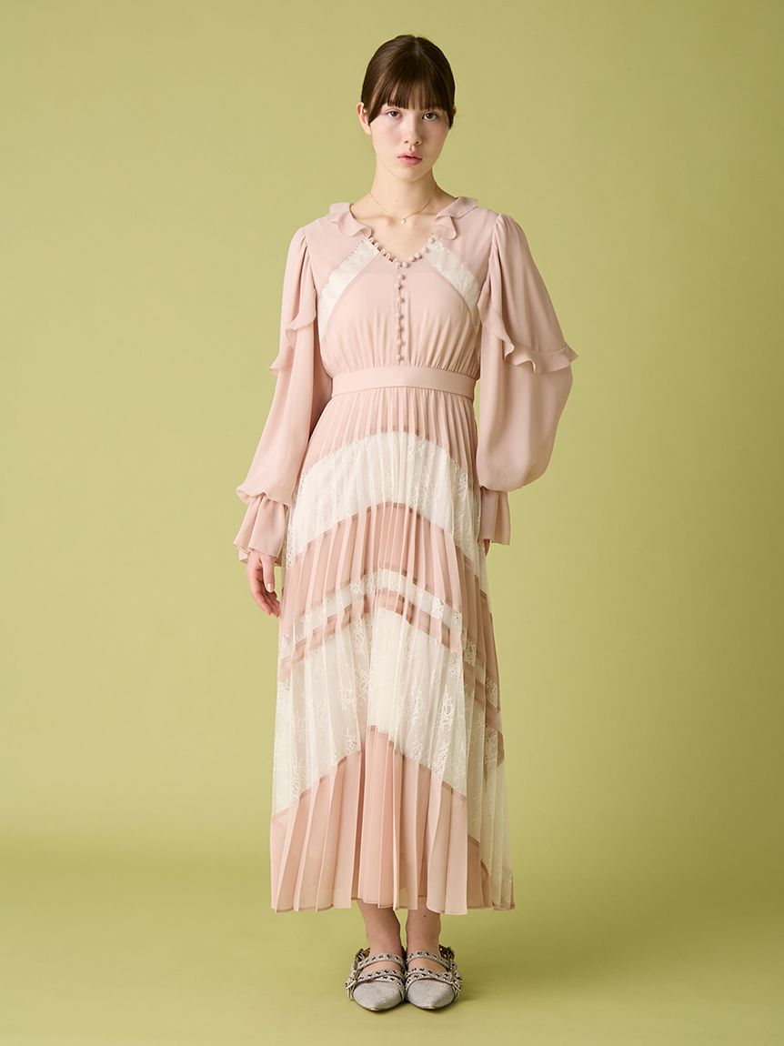 スイッチングレースプリーツドレス(ロングワンピース)｜ワンピース