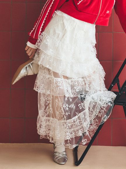 ラベンダーパンジーレース使いのフリルスカートです❣ セール】【インパン付】フレア レースティアードフリルミニ