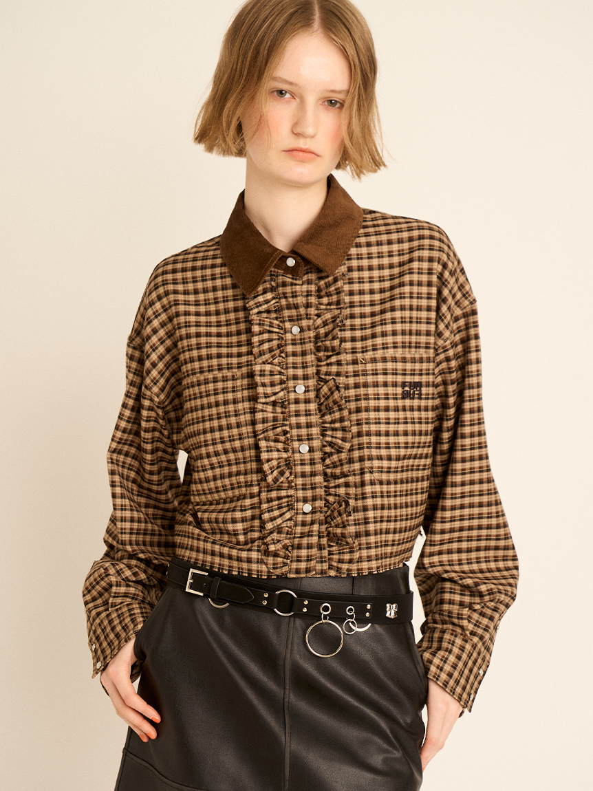 FURFUR ファーファー　ロゴ刺繍フリルシャツ　ブラウン　チェック ロゴ刺繍フリルシャツ(シャツ／ブラウス)｜トップス｜FURFUR（ファー