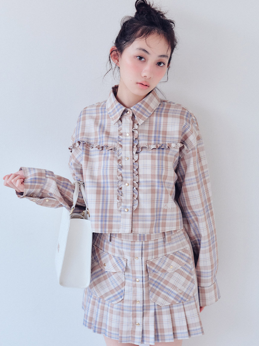 チェック柄クロップドフリルシャツ(シャツ／ブラウス)｜トップス