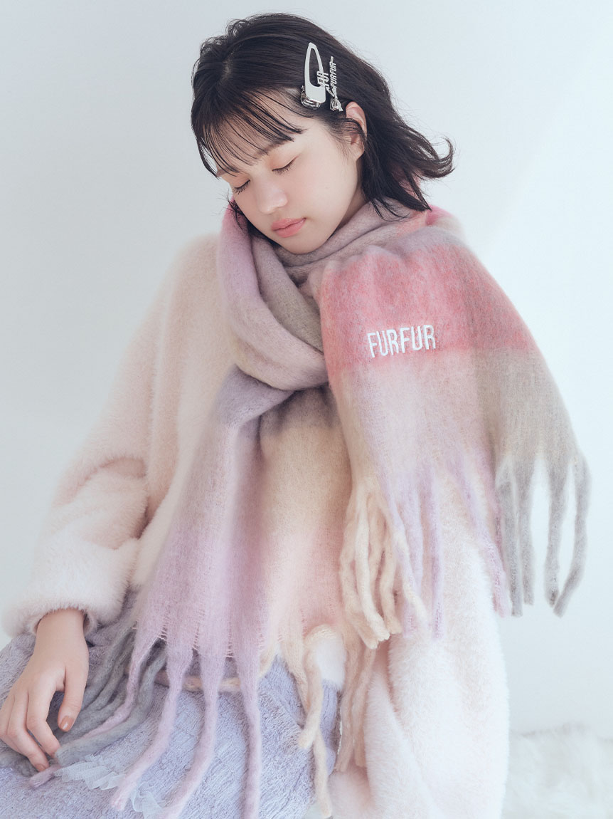 ロゴ刺繍ブロックチェックフリンジストール