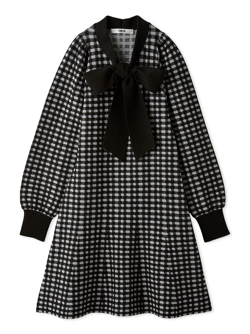 ボウタイギンガムニットワンピース(ニットワンピース)｜ワンピース