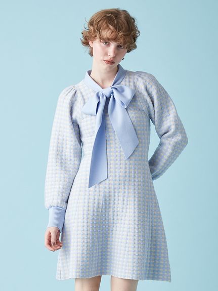 ボウタイギンガムニットワンピース(ニットワンピース)｜ワンピース