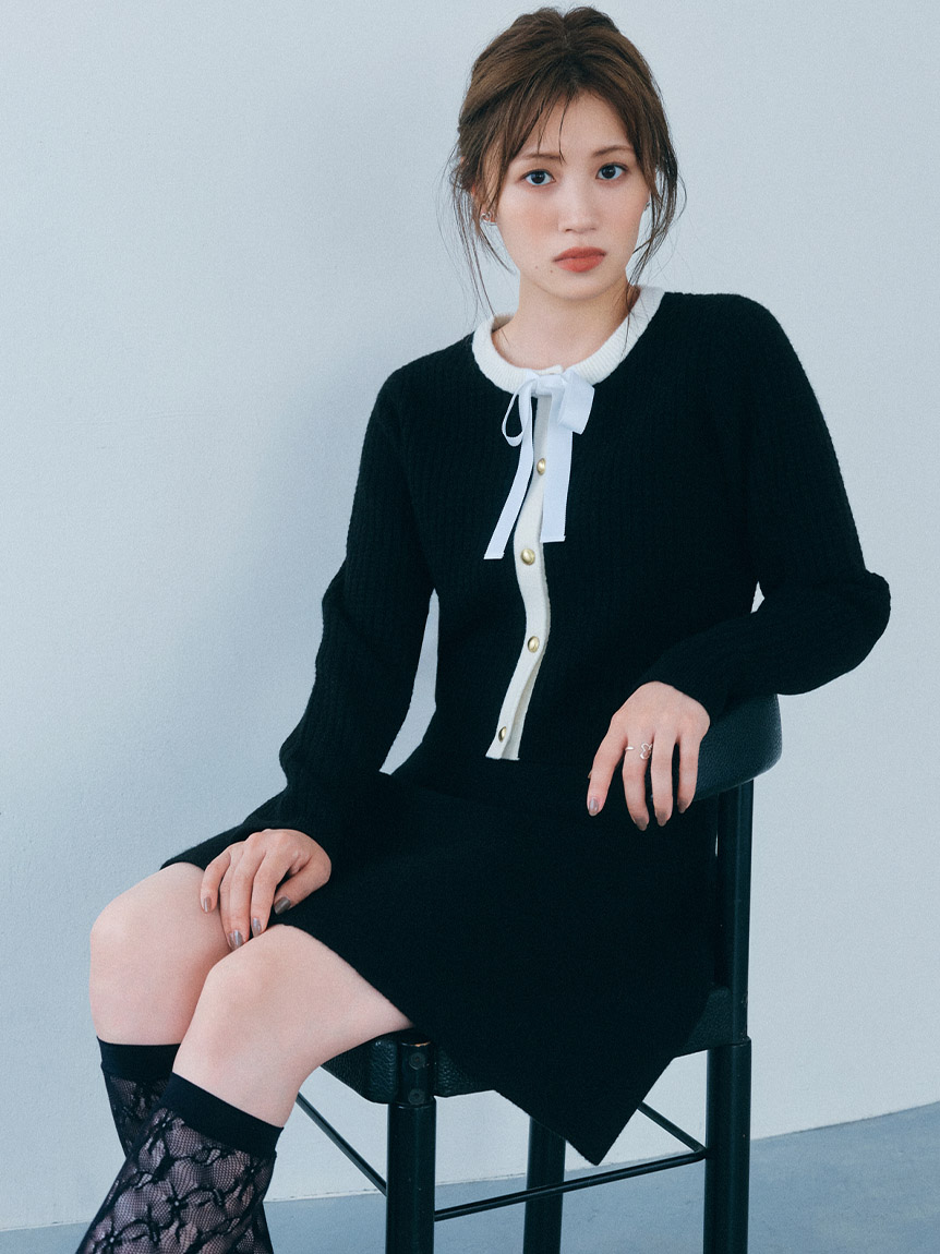 【WEB・一部店舗限定カラー】ボウタイトリムニットセットアップ