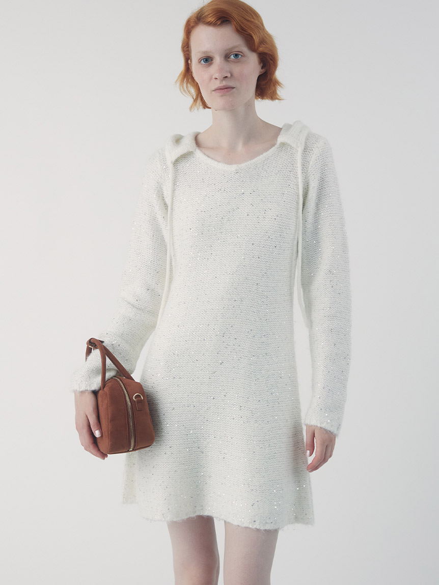スパンコールニットフードワンピース(ニットワンピース)｜ワンピース