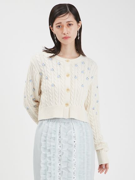 新品タグ付き♡ FURFUR エコファー 立体刺繍 カーディガン ベージュピンク ウィンターフォレストトリートモチーフカーディガン｜ピンク