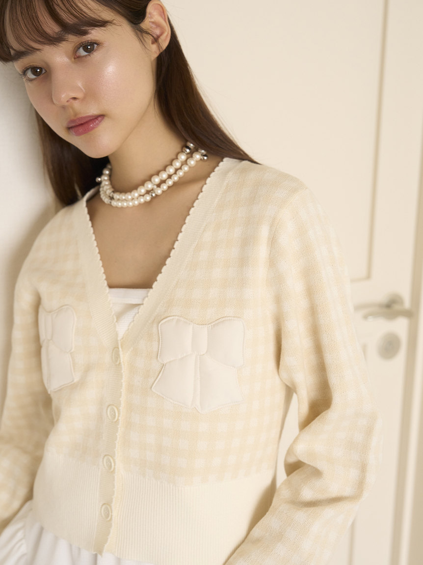 ファーファー furfur 25SS リボンアップリケギンガムカーディガン ボレロ ニット ショート丈 長袖 F クリーム色 RWNT251111 リボンアップリケギンガムカーディガン(カーディガン)｜トップス