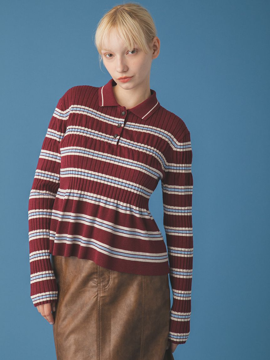 ボーダーペプラムポロニットトップス(ニット)｜トップス｜FURFUR