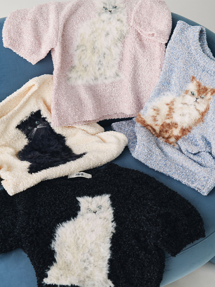 キャットモチーフジャガードニットトップス