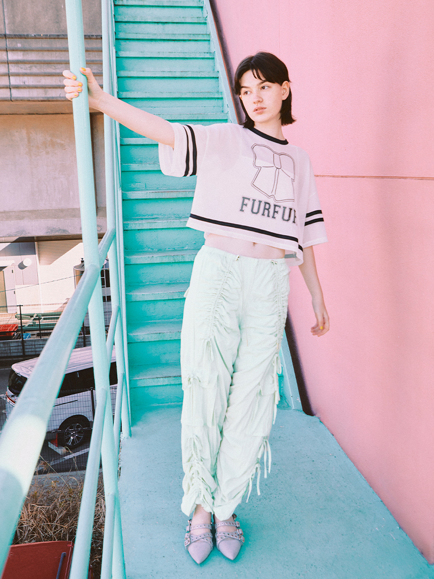 リボンロゴプリントメッシュTシャツ(Tシャツ／カットソー
