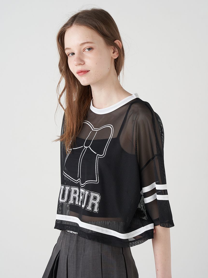 リボンロゴプリントメッシュTシャツ(Tシャツ／カットソー