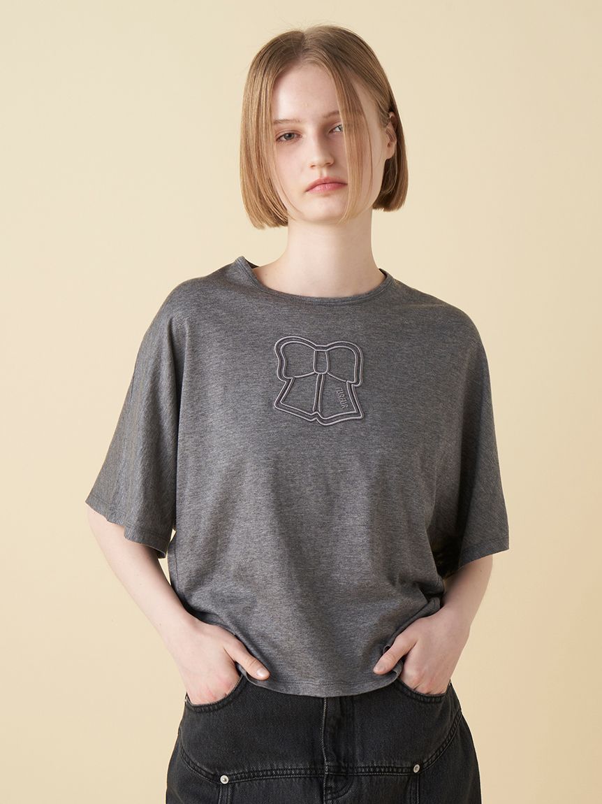 tシャツ リボンプリント ロングスリーブ カットソー レディース ribbon long sleeve slit tops / リボンロングスリーブスリット