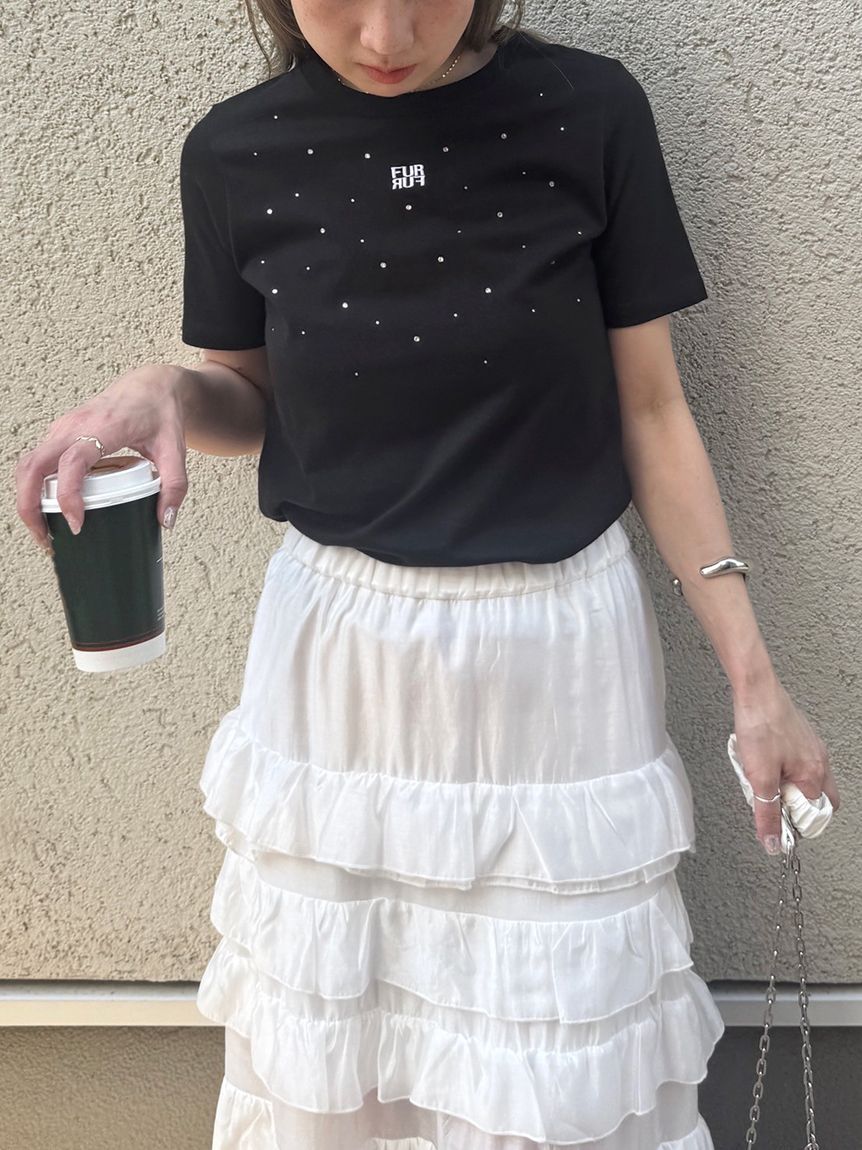 furfur ビジュー付きロゴ刺繍Tシャツ ホワイト furfur ビジュー付きロゴ刺繍Tシャツ ホワイト