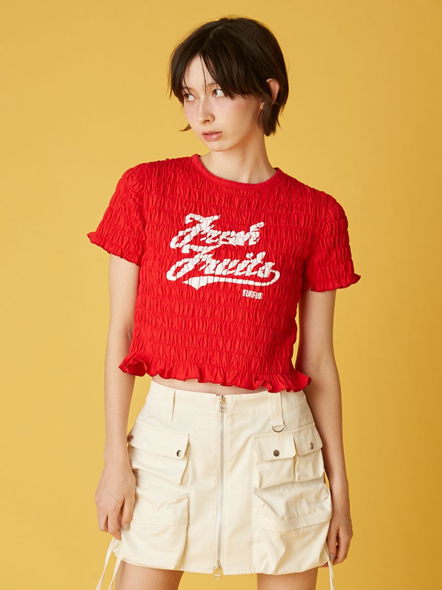 フルーツモチーフシャーリングTシャツ(Tシャツ／カットソー)｜トップス