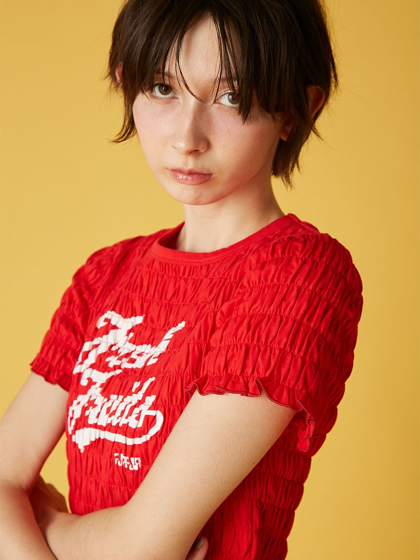 ♥出品 フルーツモチーフシャーリングTシャツ(Tシャツ／カットソー)｜トップス