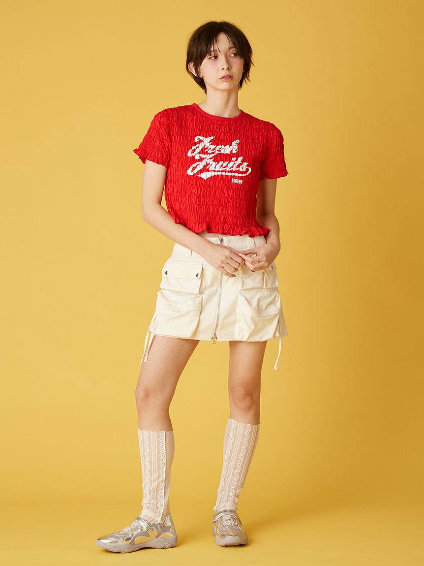 ♥出品 フルーツモチーフシャーリングTシャツ(Tシャツ／カットソー)｜トップス