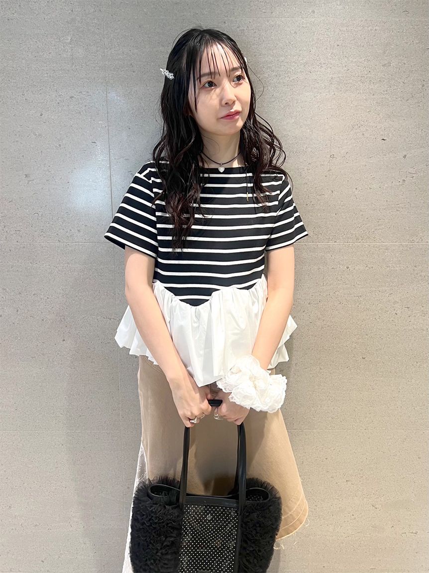 匿名発送　美品　yori コットンボーダーペプラムT サイズフリー ヨリyoriコットンペプラムボーダーTシャツ☆トップス☆ブルー×ホワイト