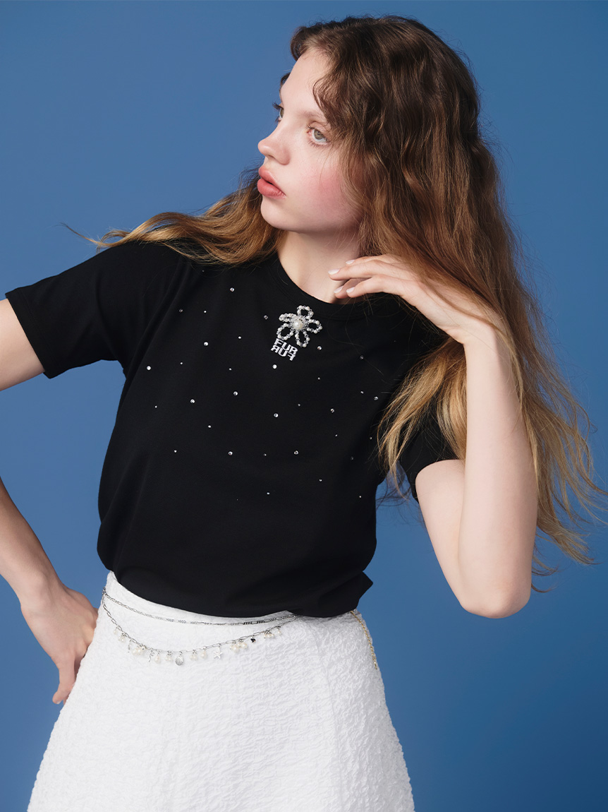 ラインストーンロゴ刺繍Tシャツ(Tシャツ／カットソー)｜トップス