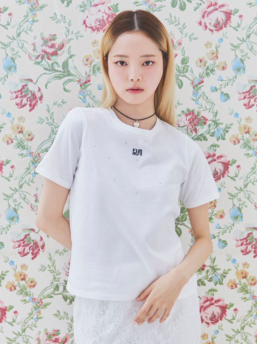 ラインストーンロゴ刺繍Tシャツ(Tシャツ／カットソー)｜トップス