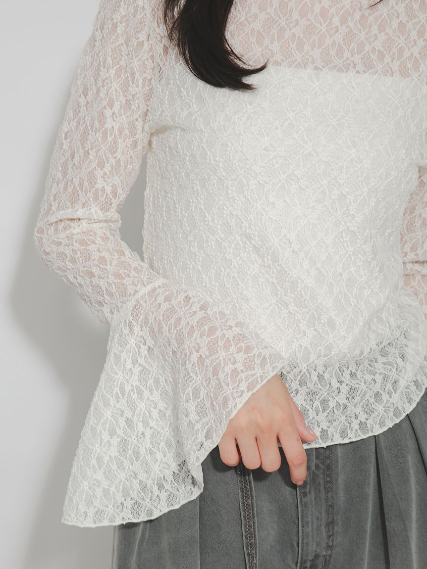 【新品】cloud frill border tops／ホワイトブルーグレー長袖 フレアスリーブレースカットプルオーバー(プルオーバー)｜トップス