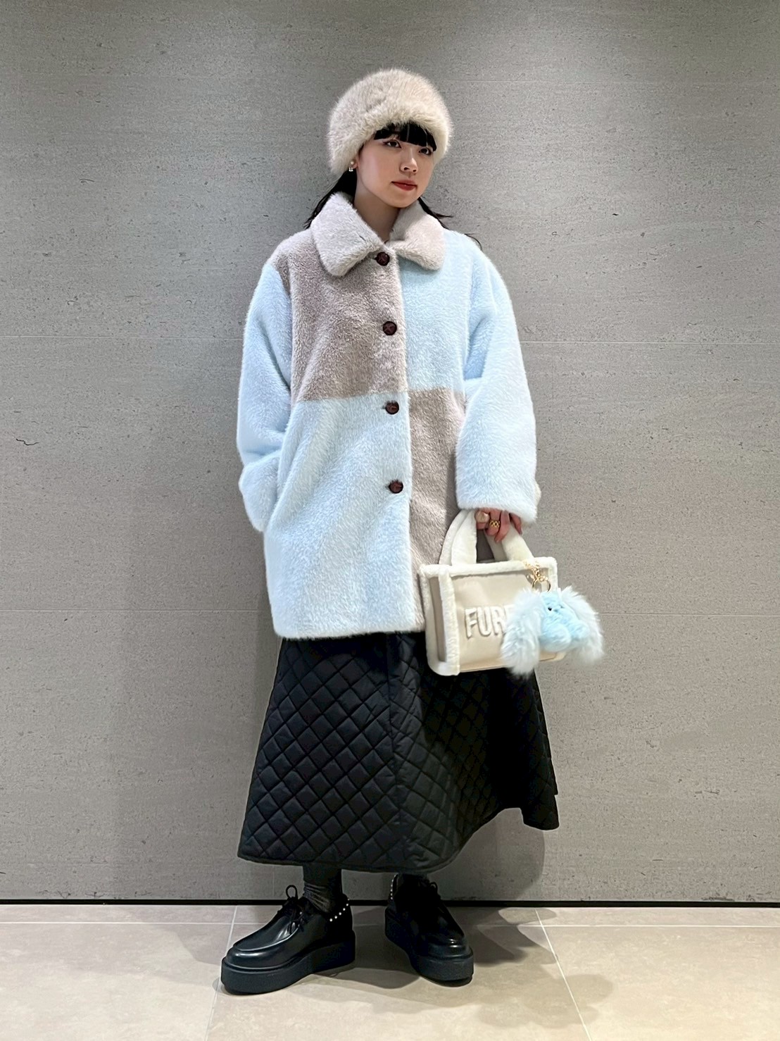 FURFUR エコファーコート ベージュ系 パッチワーク オフィシャルサイト限定カラー】パッチワークエコファーミドル
