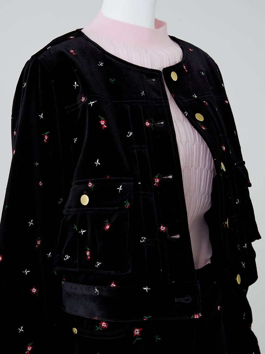 MARNI ノーカラージャケット ブラック 花柄刺繍 フラワー刺繍ノーカラージャケット(ノーカラージャケット)｜アウター