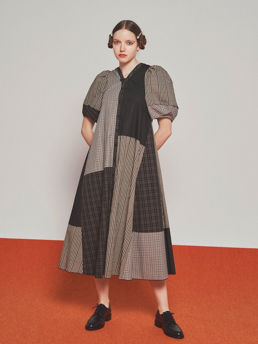 第1位獲得 パッチワークシャツワンピース ブラウン ワンピース