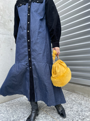 M21人気新作 22ss 完売品 ファーファー デニム切り替えワンピース ロングワンピース ワンピース M 8 845 Laeknavaktin Is