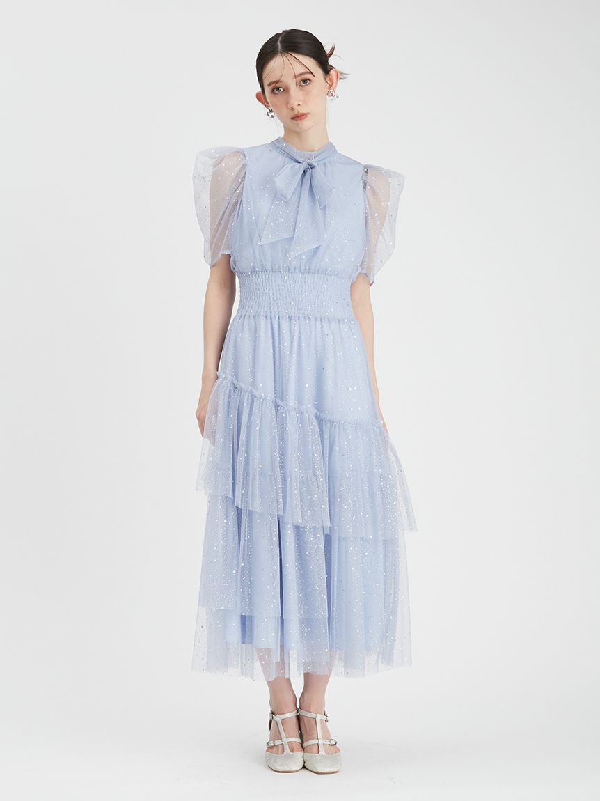 限定サイズ】ハーフスリーブラメチュールドレス(ロング