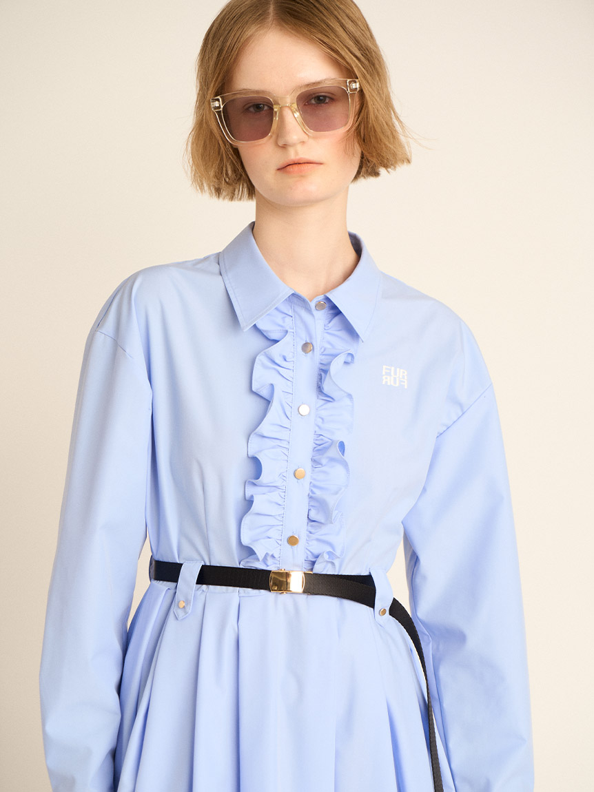 限定サイズ】ベルト付きフリルシャツワンピース(ロングワンピース