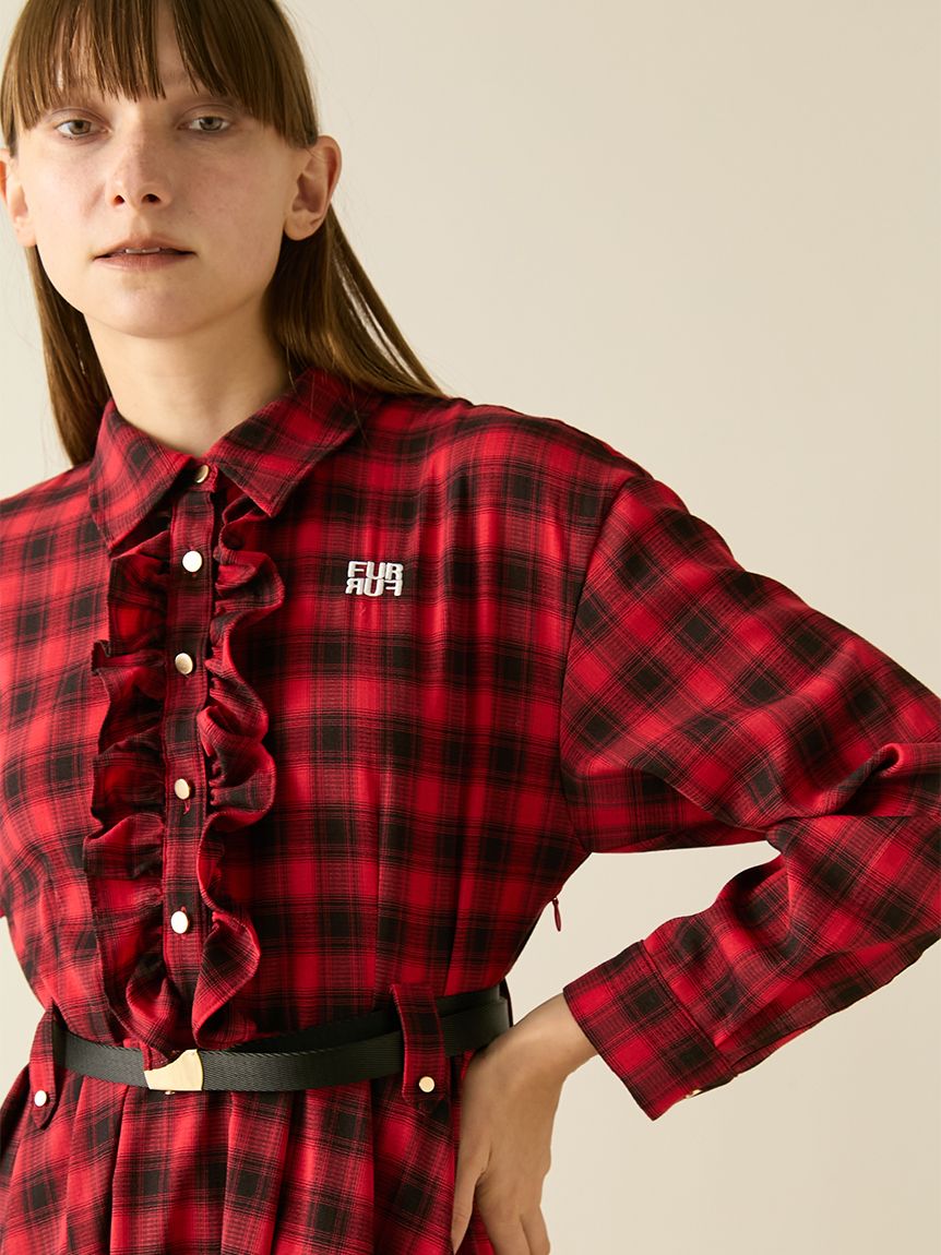 限定サイズ】ベルト付きフリルシャツワンピース(ロングワンピース