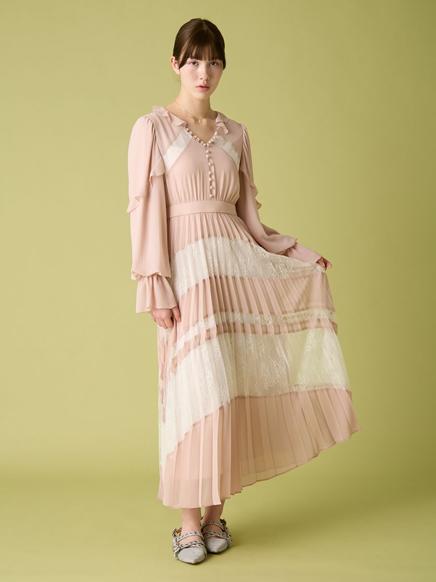 スイッチングレースプリーツドレス(ロングワンピース)｜ワンピース