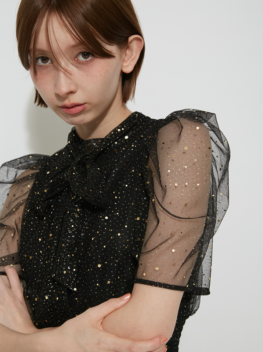 限定サイズ】ハーフスリーブゴールドラメチュールドレス(ロング
