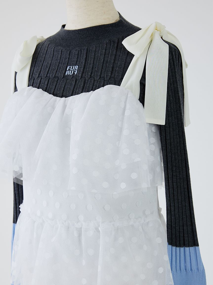 極美品 furfur チュール切替フリルニットワンピース 黒 ニット