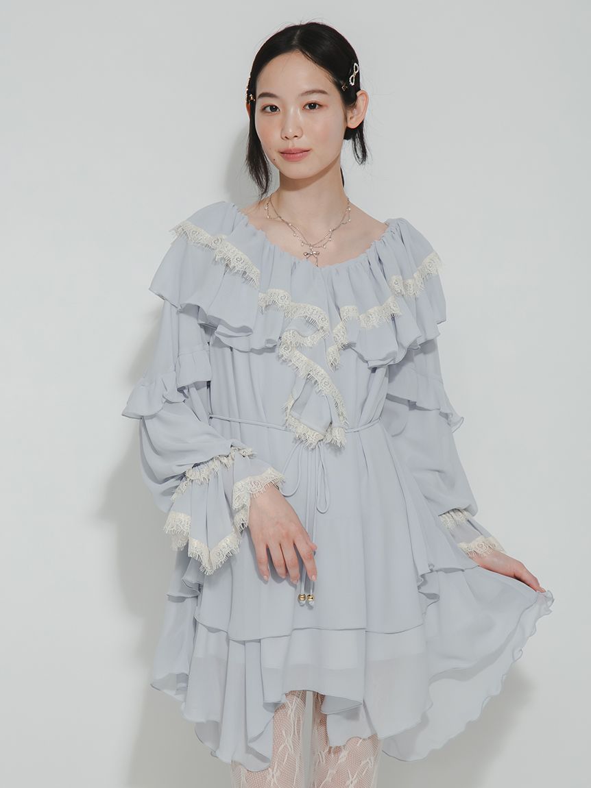 レースドッキングラッフルフリルチュニック(ミニワンピース)｜DRESS