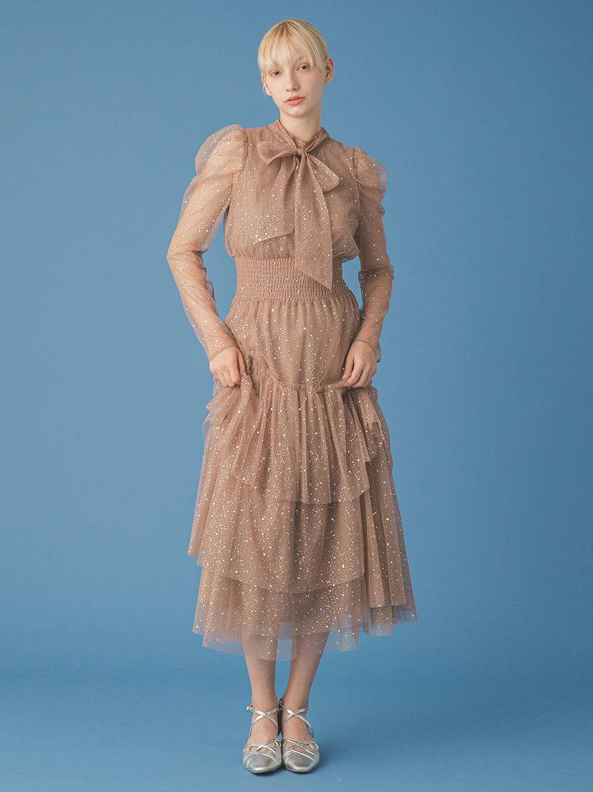 ロングスリーブラメチュールドレス(ロングワンピース)｜ワンピース